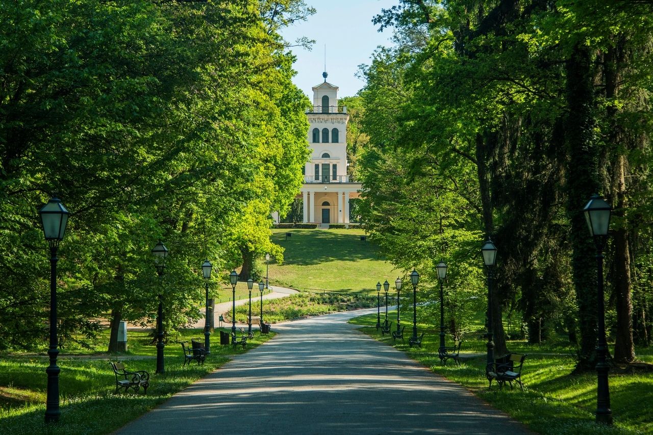 Un sentiero nel Parco Maksimir a Zagabria, fiancheggiato da lampioni e panchine, circondato da un rigoglioso fogliame verde. Alla fine del sentiero si trova un edificio storico con una facciata chiara e una torre. La scena trasmette un'atmosfera tranquilla e pacifica, ideale per una passeggiata in una giornata di sole. Il parco è ben curato e offre un rifugio rilassante in mezzo alla natura.